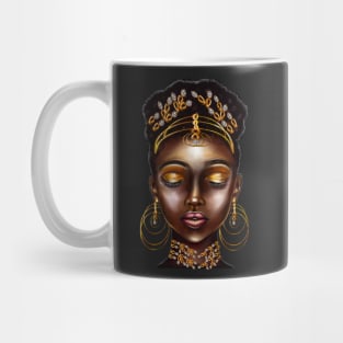 Queen Black empress beautiful black girl with Gold earrings, ornate headdress,  brown eyes looking  upwards and dark brown skin ! Mug